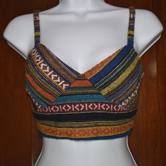 Forever 21 Patchwork Crop Top Size Small Multicolor Adjustable Straps Boho - Picture 3 of 15
